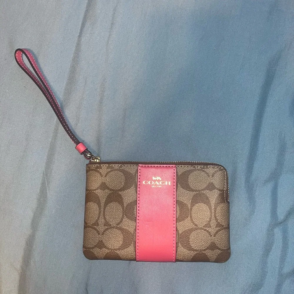 Coach Brown Signature Wristlet with Pink Center Stripe
